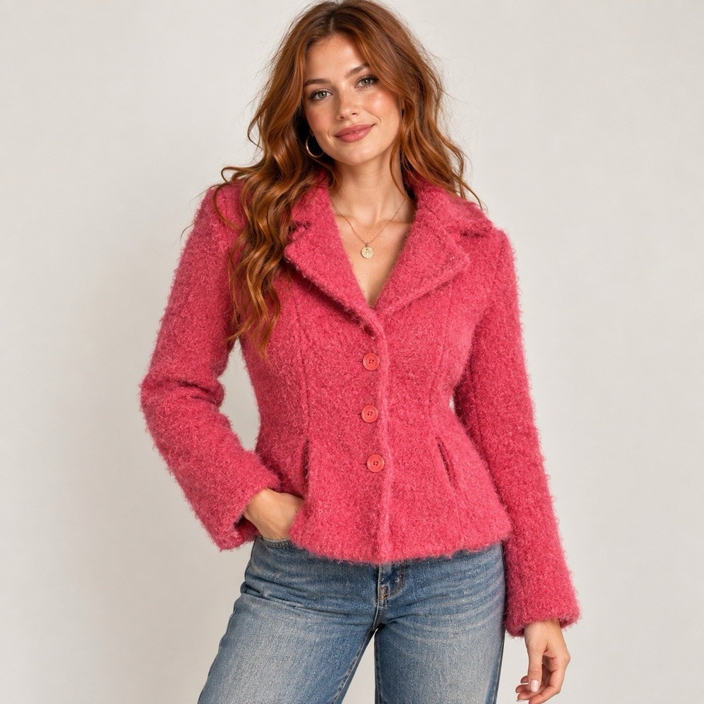 Juliana Collezione Pink Mohair Wool Boucle Jacket M Y2K Coquette Mod Retro USA